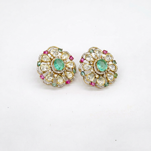 ต่างหูแบบติดหู 12580Kundan ดีไซน์ดอกไม้โบราณ ทำจากทองเหลือง ประดับพลอยสีเขียวชมพู สำหรับผู้หญิง - Product Image 1