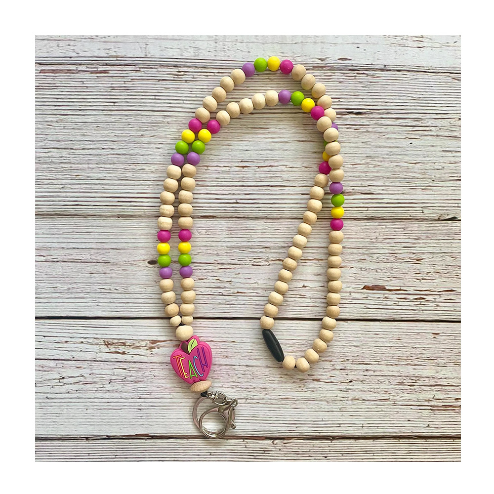 Hot Selling OEM Wood Bead Key Chain Pendant Necklace With Suede Tassels Carved Logo Custom Wooden Beads Long Lanyard Keychain Image 5