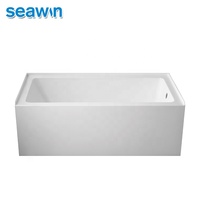 Baignoire autoportante rectangulaire moderne en acrylique blanc, profonde, à 3 parois, pour une personne, avec jupe simple, pour salle de bain.