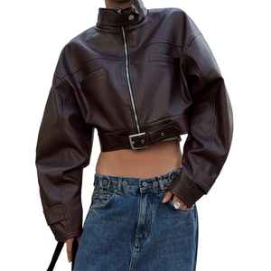 Chaqueta Bomber de Cuero Corta para Mujer 2026, Manga Larga, Cuello Alto, Cremallera, Estilo Moto, Ajuste Holgado, Moda Otoño - Product Image 1