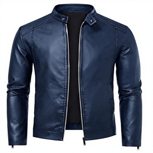 <b>Men's</b> PU Leather <b>Safari</b> <b>Jacket</b> Stand Collar Zipper Closure Solid Navy Blue Regular Length Autumn Wear Slim Fit Waterproof Front - Product Image 1
