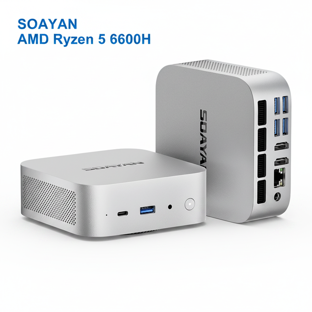 Mini Desktop Computer AMD Ryzen 6600H LPDDR5 RAM NVMe SSD Triple Monitor Mini PC Windows 11 Pro/Linux for Home/Business/Gaming