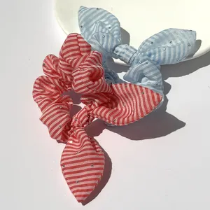 Koreanische geknüpfte Haseohären Stoff Scrunchies gestreifte Diamanten elastischer Bogen Haar Seil süßes Zubehör Damenhaarbänder