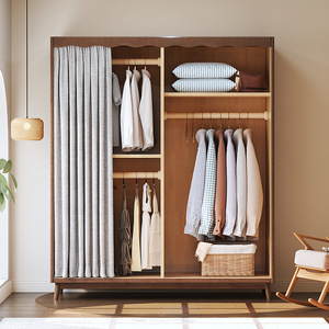 Armario de madera maciza de estilo nórdico Shulin Furniture con cortina, armario de gran capacidad para dormitorio - Product Image 2