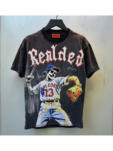 Y2K Distressed Washed Tee <strong>Motorbike</strong> Skeleton Racing Print Loose Fit Urban Streetwear Cotton <strong>T</strong> <strong>Shirts</strong> - Product Image 1
