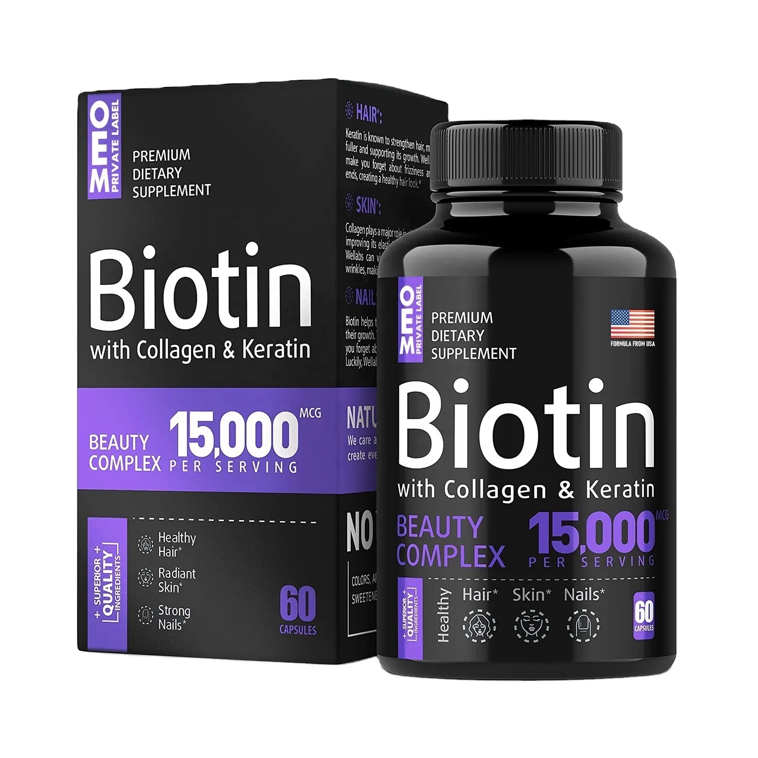 Vendita calda Private Label biotina cheratina collagene pillole biotina organica capsule personalizzate OEM ODM integratore dietetico bottiglia di imballaggio