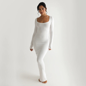 Vestido ajustado de manga larga con cuello cuadrado, de punto, color liso, corte ceñido, para fiesta o casual, transpirable, con cintura natural - Product Image 4