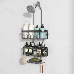 Étagère murale 3 niveaux avec crochets 5-en-1 réglable, antirouille, pour salle de bain, rangement serviettes, shampoing, savon, support de douche suspendu - Product Image 1
