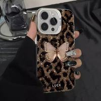 Coque de téléphone portable en TPU PC avec impression de papillon léopard porte-bonheur, plaquée argent, pour iPhone 12 13 14 15 16 17 18 Pro Max