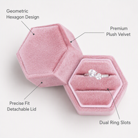 Boîte à bagues hexagonale personnalisée en velours, emballage de luxe pour bijoux, cadeau de Saint-Valentin, vente en gros, OEM, ODM, usine