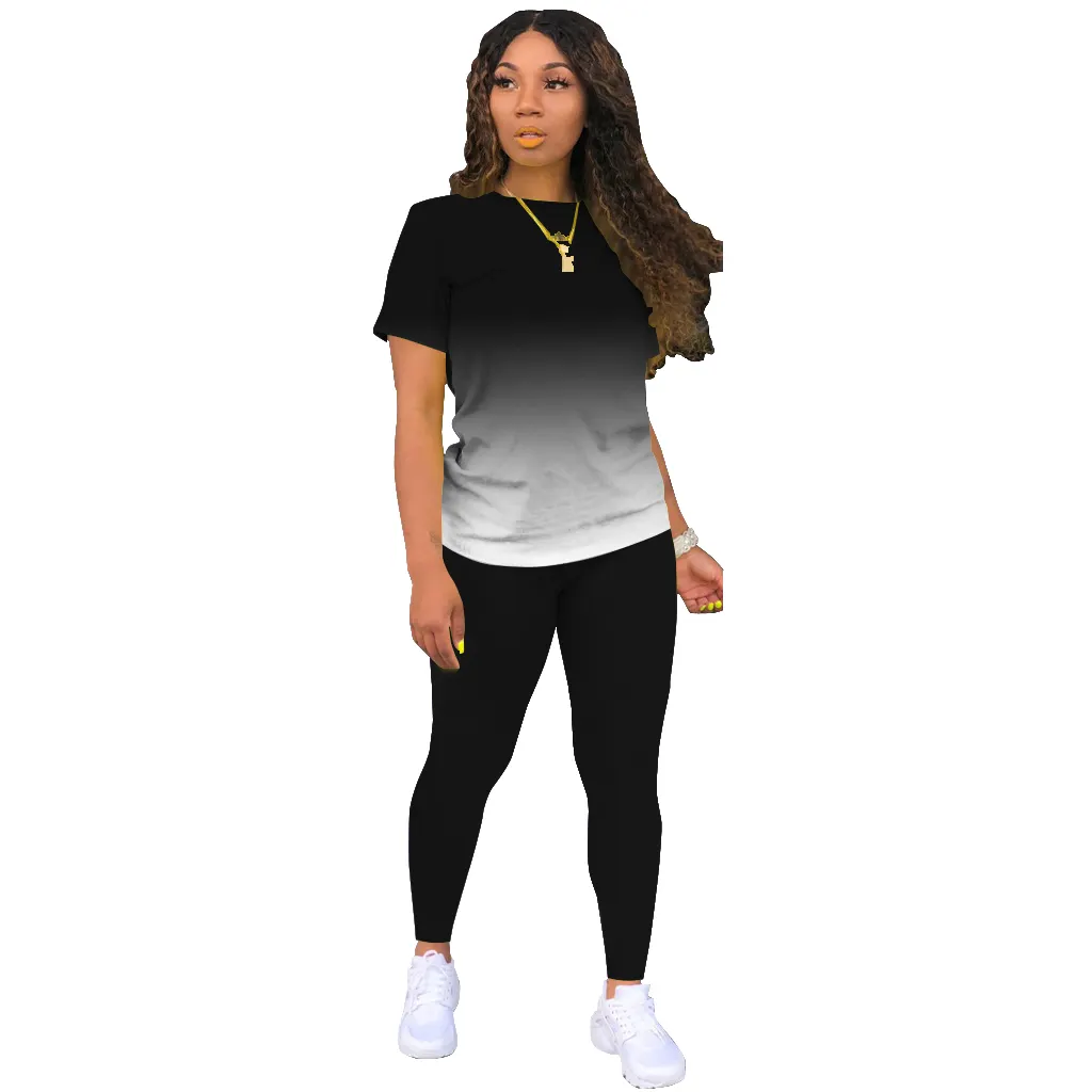 Fashion gradient O-neck short-sleeved T-shirt top and trousers suit pants elastic fitness bodycon 2 piece set women