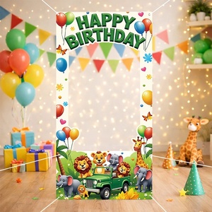 Toile de fond photo thème animaux de la jungle, motif dessin animé, pour fête d'<span class=keywords><strong>anniversaire</strong></span>, avec animaux 3D mignons, décoration de visage évidée, <span class=keywords><strong>Joyeux</strong></span> <span class=keywords><strong>Anniversaire</strong></span> - Product Image 4