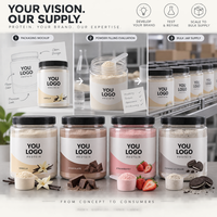 Emballage personnalisé pour poudre de protéines en marque privée, pot en PET transparent avec couvercle à logo pour les marques de compléments alimentaires à base de protéines de lactosérum et de protéines végétales, vente en gros