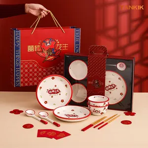 Set Peralatan Makan Keramik Antik Pilihan Hadiah Pertunangan Pindah Rumah Pernikahan Gaya Cina dengan Kotak Hadiah