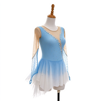 Robe de patinage et de danse pour enfants et adultes, dégradé bleu clair et blanc, maille nude, manches longues, dos orné de strass, pour compétition et spectacle de patinage sur glace