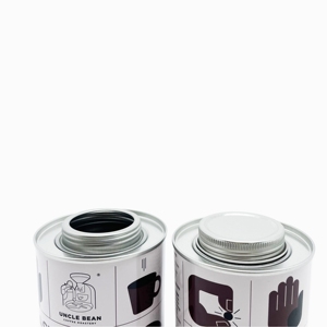 Boîte en fer blanc alimentaire vide de 100g, ronde, pour grains de café, avec valve et bouchon à vis, impression offset - Product Image 5
