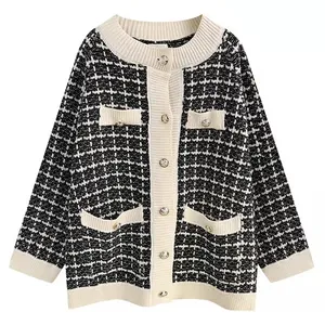 2021 automne et hiver nouveau pied de poule ample à manches longues sauvage tricot Cardigan <span class=keywords><strong>pull</strong></span> veste col rond Vintage <span class=keywords><strong>pull</strong></span> - Product Image 1