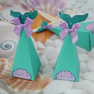 Sereia Forma 6x6x18cm de Doação de Casamento Caixa de Presente Caixa de Doces para Favor de Partido com Bow-nó e Adesivos