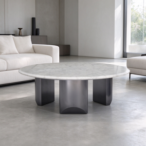 Juego de mesas de centro de mármol, mesa auxiliar redonda de mármol blanco con base arqueada esculpida, moderna, para sala de estar, vestíbulo de hotel, villa - Product Image 3
