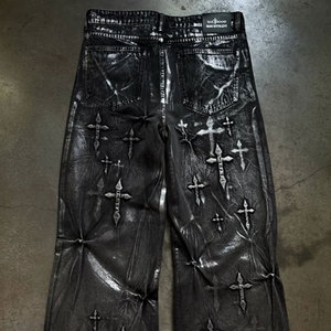 فضفاض كبير الحجم أسود مخصص الشارع الشهير حمض حجر مغسول خمر منقوش شعار بالأسى الساق مستقيم مضيئة الجينز السراويل الجينز - Product Image 3