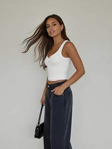 Camiseta sin Mangas para <span class=keywords><strong>Mujer</strong></span>, Cuello Redondo, Espalda Deportiva, Tejido Acanalado, Ajustada, Estilo Básico para Adolescentes, Camiseta Corta Informal <span class=keywords><strong>de</strong></span> Punto Acanalado - Product Image 3