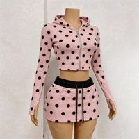 Ensemble 2 pièces Y2K à pois pour femme, haut à manches longues et mini-jupe moulante rose et noir en polyester et élasthanne extensible, tenue décontractée d'été