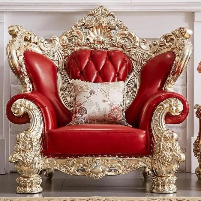 Italienische klassische Luxus rot echtes Leder Wohnzimmer möbel Massivholz Struktur Goldfolie Hand Carving Sofa