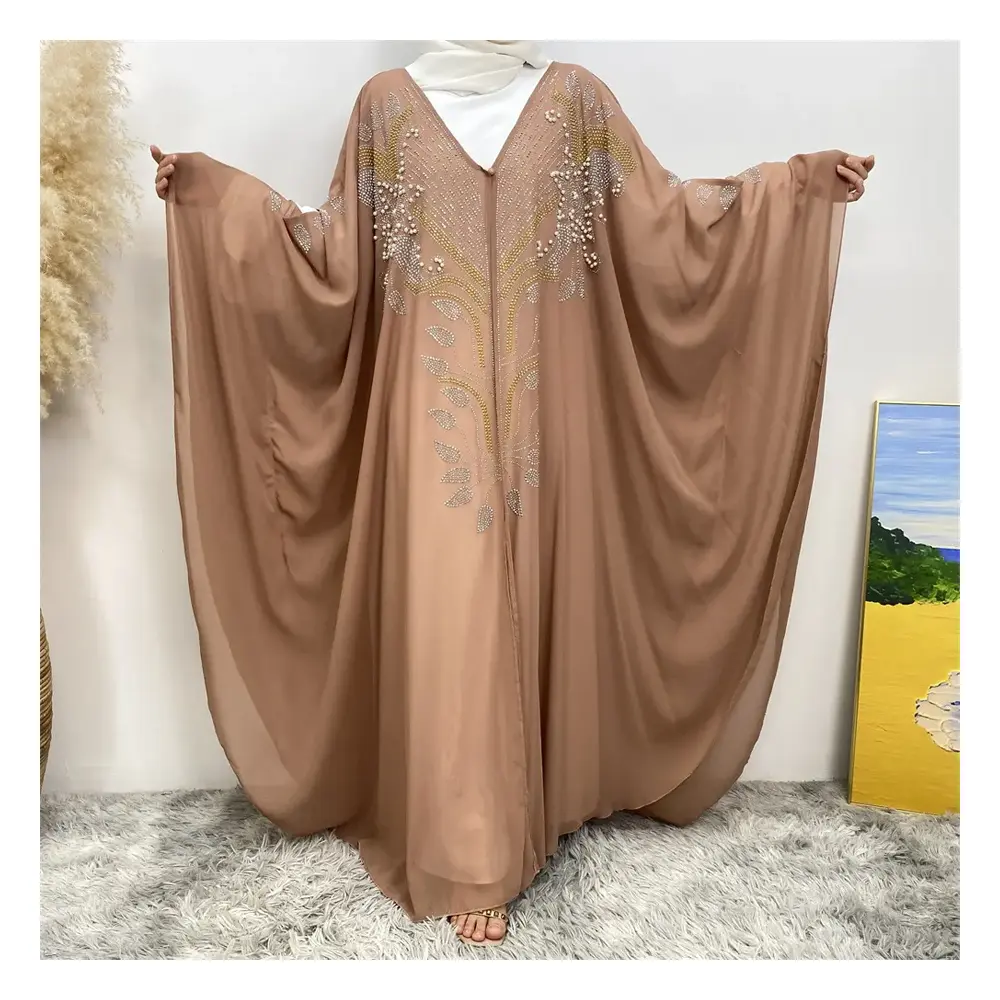 NOUVEAU Vente en gros de vêtements islamiques Dubai EID Modeste Kimono Kaftan pour femmes musulmanes Robe Perle Rhinestone Batwing Chiffon Open Abaya
