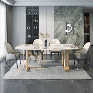 Juego de mesa de comedor de mármol de diseño italiano, tapa de mármol de 6 asientos con Base de Metal de Color oro rosa para comedor, muebles para el hogar - Product Image 1