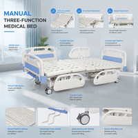 Lit d'hôpital manuel 3 fonctions avec poteau porte-perfusion, crochets pour poches de drainage, hauteur réglable par manivelle, rails en PP, dossier et repose-jambes