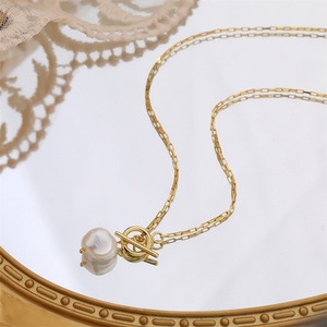 สร้อยคอแฟชั่นเรียบง่าย สแตนเลสสตีล ประดับมุกธรรมชาติ - Product Image 4