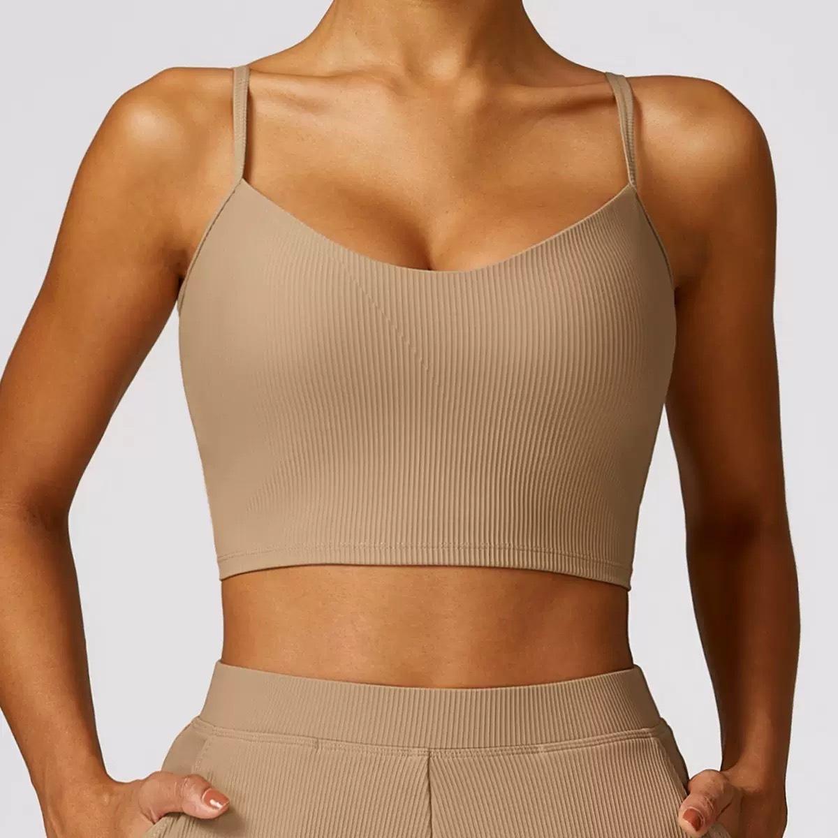 Spring Solid Ribbed Crisscross Straps High Support Quick-drying Tight-fitting Yoga Fitness Vest Scoop Neck Front for Women