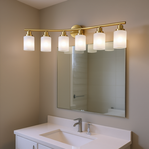 Modern 6-<b>Light</b> Golden Bathroom Vanity <b>Light</b> Fixture Frosted Glass Wall-Mounted LED Warm White 3500K - Product Image 2