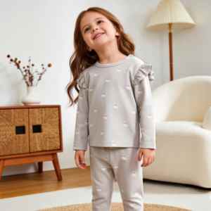 Wholesale Girls Ruffle Sleeve <strong>Pyjama</strong> Set 2Piece Cotton Loungewear with <strong>Cuffed</strong> Pants Soft Winter Sleepwear Outfit for Children - Product Image 3