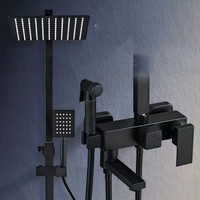 Mitigeurs de Douche et Baignoire en Laiton Noir avec Pommeau de Douche Pluie 4 Fonctions, Mélangeur Chaud et Froid, Cartouche Céramique et Jet Pluie