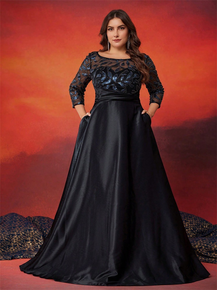 3/4 formal dresses A-line Black Tulle Lace 3/4 Sleeves Prom Dresses SP730 main image 1