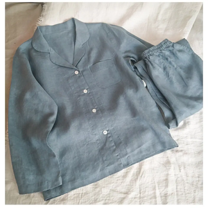 Haute qualité délavé 100% pur <span class=keywords><strong>lin</strong></span> pyjama ensemble haut et pantalon Simple vêtements de nuit décontractés vêtements de détente pour les femmes - Product Image 4