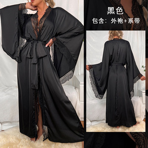 Kimono in <span class=keywords><strong>Raso</strong></span> con Bordo in Pizzo, <span class=keywords><strong>Vestaglia</strong></span> Lunga Avvolgente, Lussuoso Abbigliamento da Notte per Donne - Product Image 6
