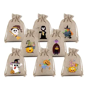 8 प्यारा कद्दू पिशाच चुड़ैल हेलोवीन बर्लेप उपहार बैग सनी जूट Goodies कैंडी बैग बच्चों हेलोवीन पार्टी Drawstring इलाज बैग