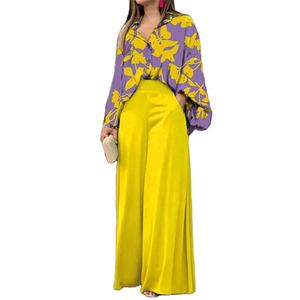 Automne imprimé costumes décontractés lâche <span class=keywords><strong>grande</strong></span> <span class=keywords><strong>taille</strong></span> revers chemises <span class=keywords><strong>taille</strong></span> haute <span class=keywords><strong>pantalon</strong></span> à jambes larges ensembles pour femmes - Product Image 1