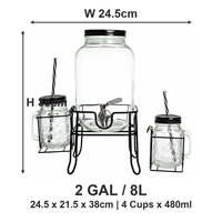 Ensemble distributeur de boissons en verre de 2 gallons avec support en fer et 4 gobelets, distributeur de jus et d'eau avec robinet métallique pour fêtes et traiteurs