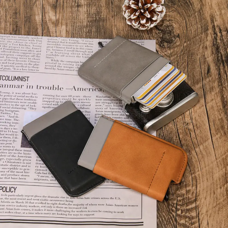 Fabrika RFID engelleme iş kredi erkekler için PU deri cüzdan minimalist alüminyum metal cüzdan kartlıklı cüzdan