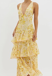 <span class=keywords><strong>Abito</strong></span> Lungo Estivo da Donna in Chiffon Floreale Giallo con <span class=keywords><strong>Spalline</strong></span> <span class=keywords><strong>Incrociate</strong></span>, Schiena Scoperta e Balze a Strati per Feste - Product Image 2