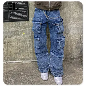 LARSUR Custom denim factory stone washed heavy cargo jeans men with multi pocket baggy straight distress flare cargo denim pants