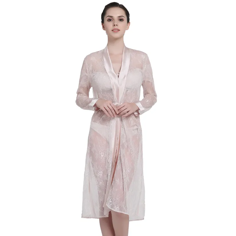 Perspektive Bademantel für Damen Pure Silk Trimmed Nylon Spitze Durchsichtig Kimono