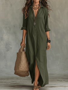 Vestido de Mujer para Primavera/Verano 2026, Estilo Europeo <span class=keywords><strong>y</strong></span> Americano, Color Sólido, Cuello con Abertura Frontal, <span class=keywords><strong>Falda</strong></span> Larga Informal Tipo <span class=keywords><strong>Camisa</strong></span> - Product Image 2