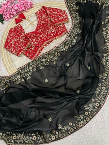 Traditional Pure Fandy Satin <b>Saree</b> Sequence Cut Work Border Readymade Contrast <b>Blouse</b> for Women Party Wear Quick Dry BestPrice - Product Image 4