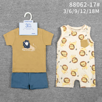 Vêtements pour bébés de marque, stock d'usine, vente en gros, vêtements d'été, ensemble de 3 pièces, motifs tendance, combinaison à manches courtes + ensemble t-shirt