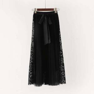 꽃 자수 A 라인 투투 레이스 메쉬 스커트 여성 우아한 얇은 명주 그물 롱 플리츠 스커트 여성 미디 스커트 여름 - Product Image 3