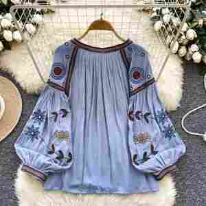 Blouses décontractées à manches longues et col rond pour femme, chemises brodées à manches lanternes, hauts décontractés pour femme, vente en gros - Product Image 4